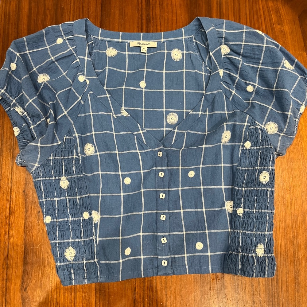 Embroidered Puff-Sleeve Crop Top in Windowpane